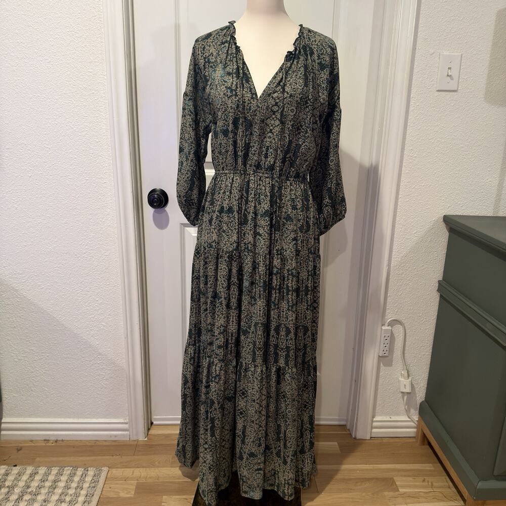 Ecote Size L Green Floral Boho Cottagecore Maxi Tiered 3/4 Balloon Sleeve Dress